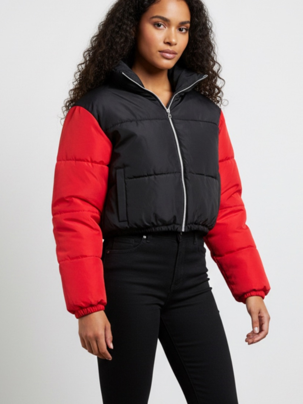 Shaci Black & Red Puffer Jacket - Women’s Cropped Winter Coat